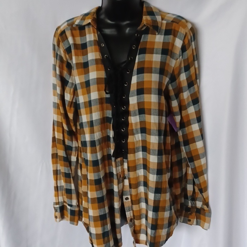 Gimmicks lace up flannel, cotton blend, blue & gold